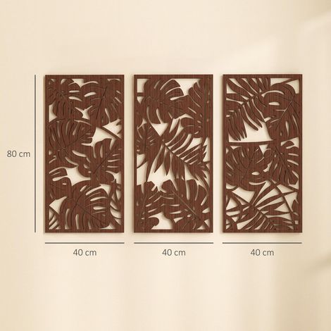 Décoration murale 3D en bois, 3 pièces, 40 x 80 cm, motif feuilles tropicales, noyer (1/5)