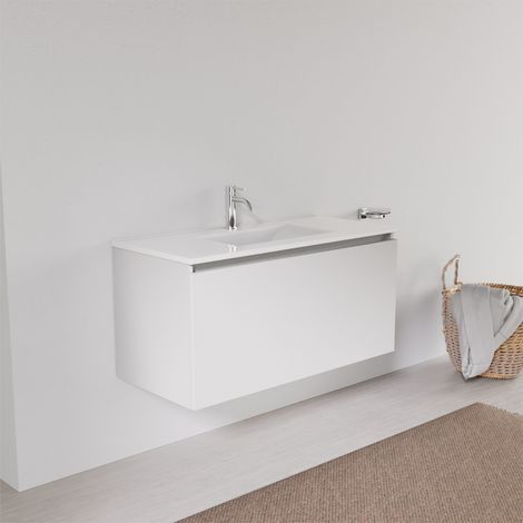 Inda - Badezimmerschrank mit 1 Schublade, L. 100, mit quadratischem Waschbecken – weißer Ledereffekt (1/5)