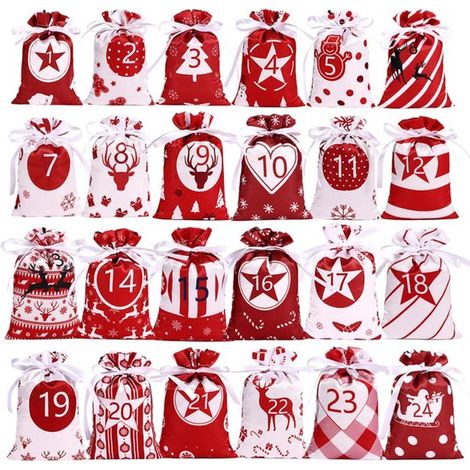 Calendrier de l'Avent de Noël de 24 jours avec sacs suspendus - 24 sacs-cadeaux en tissu avec cordon pour fête de Noël, bonbons et petits cadeaux (1/5)