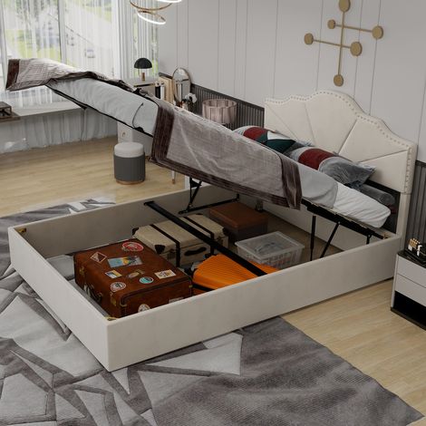Lit coffre 140x200 cm Tête de lit géométrique tissu doux et métal coffre hydraulique Beige (Sans matelas)
