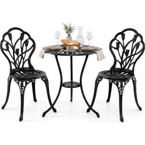 Fonte d'Aluminium Motif Tulipe Salon de Jardin avec Trou de Parasol Ensemble Table et 2 Chaises pour Balcon Terrasse (1/5)