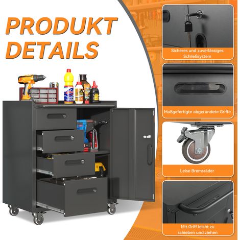 Coffre à outils métallique robuste sur roulettes – 75 x 42 x 88 cm, noir/gris, idéal atelier, garage, bureau et maison (1/5)