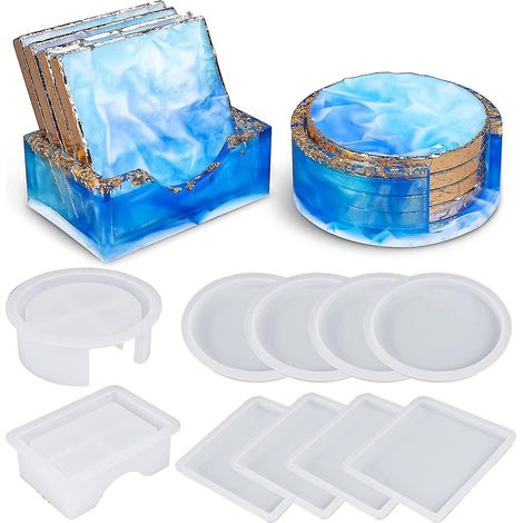 Moules à sous-verres en silicone, kit de moules à sous-verres en résine avec 10 moules carrés et ronds, moules améliorés pour support de sous-verres en résine époxy pour moulage de résine (1/5)