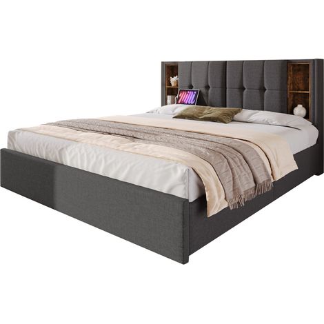 Doppelbett 160 x 200 cm mit 4 Schubladen, USB, Type-C und Induktivladen, ohne Matratze, Grau (1/5)