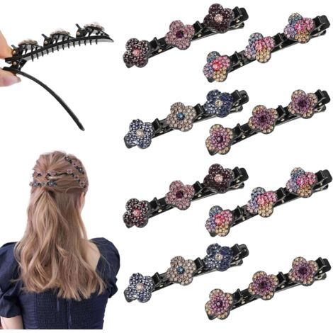 Pinces à Cheveux Tressées en Cristal Scintillant, 8 pièces Barrette à Cheveux Latérale à Trois Fleurs, cheveux tressées en cristal étincelant, pinces à cheveux tressées en strass, pour femme et fille (1/5)