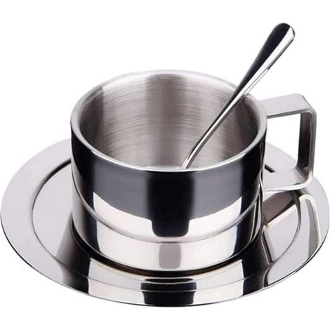 Ensemble de tasses à café élégantes en acier inoxydable, tasse isolée à Double paroi de 200ml avec soucoupe et cuillère, for la maison et le Camping, argent (1/5)