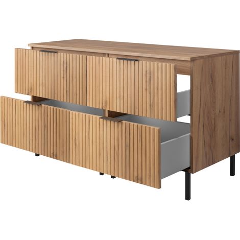 Furnidea - Meuble sous double vasque avec plan sur pieds FLOW chêne craft 120 cm - 4 tiroirs - façades rainurées (1/4)