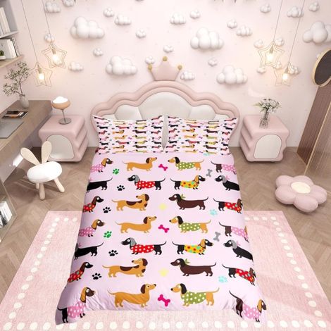 Parure de lit 3 pièces avec housse de couette à fermeture éclair pour enfants, garçons et filles – Motif teckel mignon et saucisse – Pour très grand lit (1/5)