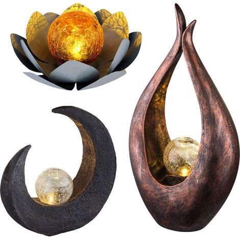 Lampada solare, luce solare, lampada da giardino, luce esterna, lampada decorativa, batteria ricaricabile IP44, fiore di loto a mezzaluna, vetro nero, bronzo, LED bianco caldo, set di 3