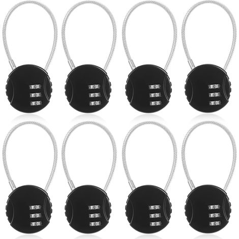 Lot de 8 cadenas à combinaison, petits cadenas à câble à combinaison 3 chiffres pour bagages, rangement étanche pour valises en extérieur (noir)
