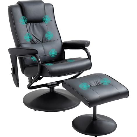 Relaxsessel mit Hocker, 360°drehbarer Fernsehsessel mit Massage, Liegefunktion, Massagesessel mit Seitentasche, TV-Sessel aus Kunstleder für Wohnzimmer Schwarz