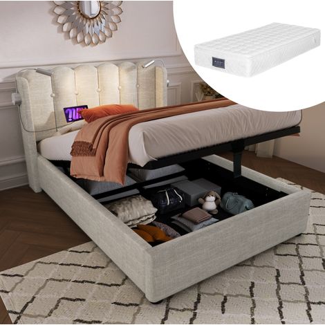 Lit simple capitonné rustique 90x200 cm en lin beige avec tête de lit, liseuse, USB et coffre de rangement (1/5)
