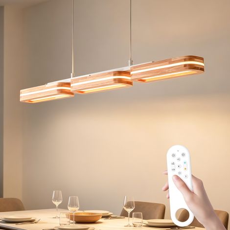 Suspension 3 lampes bois design moderne - LED 50W 102cm 3000K à 6500K télécommandable - Cuisine chambre salon salle à manger (1/5)