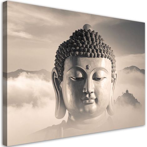 Impression sur Toile, Bouddha sur fond de montagnes spa zen beige,30x20 (1/4)