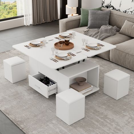 Table transformable en panneau de particules 100 x 50 x 45 cm blanche, relevable et extensible 4-6 places (1/5)