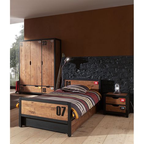 Lit 90x200 sommier inclus - Tiroir de lit - Chevet 2 tiroirs et Armoire 3 portes Vipack Alex - Noir et Bois (1/5)