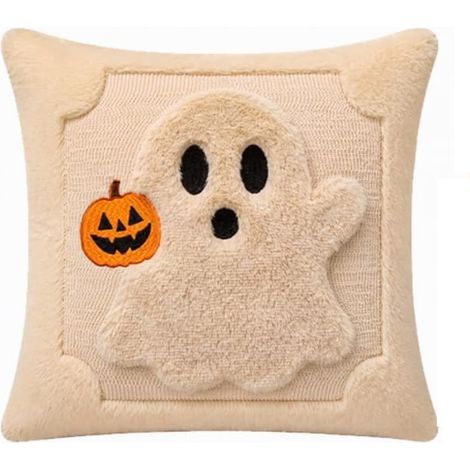 Housse de coussin en fausse fourrure de lapin pour Halloween, broderie citrouille fantôme, beige vintage, 45 x 45 cm (1/5)