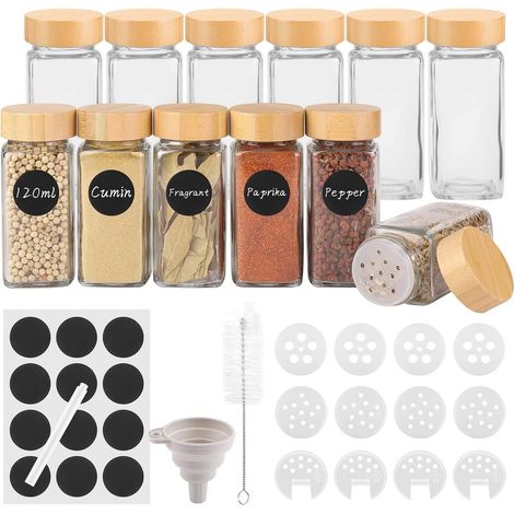 Lot de 12 Pot a Epices en Verre et Bois, 120ml Bocaux Epices Verre Bambou, Boite à Épices Cuisine Rangement Hermetiques, Bocal Epices avec Tamis, Étiquettes, Brosser, Entonnoir (1/5)