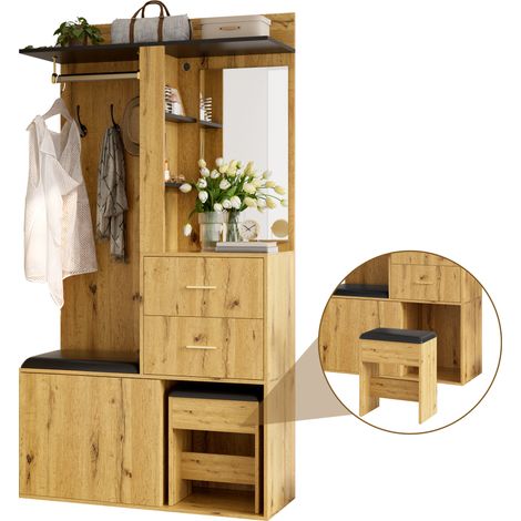 Vestiaire d'entree avec banc, rangement chaussures, miroir et LED pilotée par application, 100x40x172,5 cm, MDF naturel (1/5)