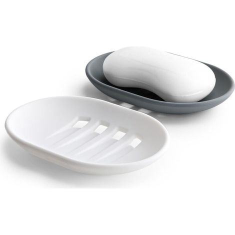 Set mit 2 Silikon-Seifenschalen mit Abfluss, rutschfest und tragbar, Seifenhalter für Badezimmer, Dusche, Küche (Grau und Weiß)