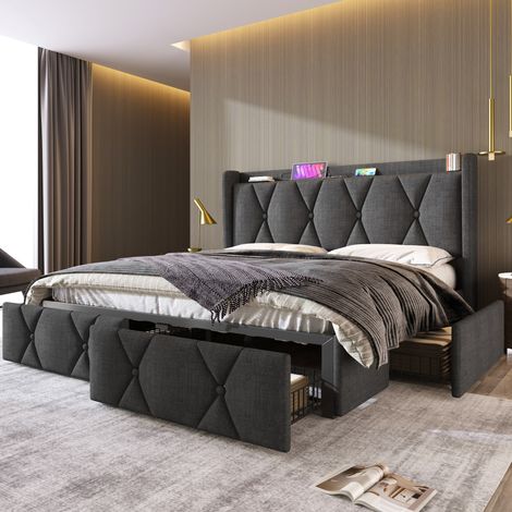 FLORAGRACE Lit coffre 160x200 cm gris en tissu, tête de lit capitonnée avec 2 ports USB et 2 prises, 4 tiroirs de rangement, sans matelas (1/5)
