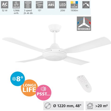 EGLO Deckenventilator Bondi 1, 4 Flügel Ventilator mit Beleuchtung und Fernbedienung, Sommer Winter Betrieb, warmweiß - kaltweiß, dimmbar, ABS Kunststoff, weiß matt, AC Motor, Ø 122 cm