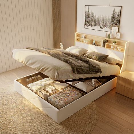Lit coffre 160x200, adulte lit avec sommier à lattes, tête de lit style bibliothèque avec port USB/C et eclairage LED, revêtement PU - Blanc