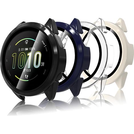 4 Pièces Coque Compatible avec Garmin Forerunner 165/165 Music, Coque Rigide en PC avec Protecteur d'écran, Coque HD avec Verre Trempé - Transparent,Noir,Blanc,Blue (1/5)