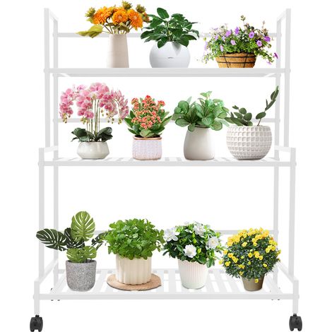 Étagère à fleurs à 3 niveaux avec roulettes, support plantes en métal 80×40×100 cm, blanche, pour intérieur et extérieur, jardin, balcon, salon et chambre (1/5)