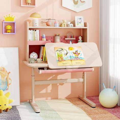 Bureau d'Étude pour Enfants avec Bibliothèque et Tiroir, Table Réglable en Hauteur avec Plateau Inclinable, Support de Livre et Porte-stylo, Rose (1/5)