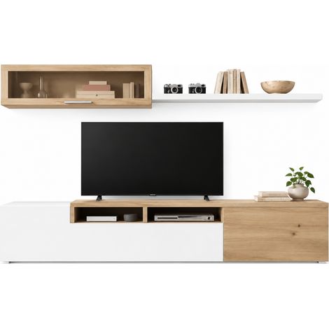 Conjunto salón Clever acabado blanco/roble, 41cm(alto) 200cm(ancho) 39cm(largo) (1/2)