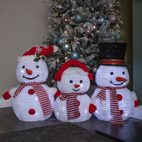 70cm Set of 3 Light up Foldable Cloth Christmas Snowmen with 130 White LEDs (1/5)