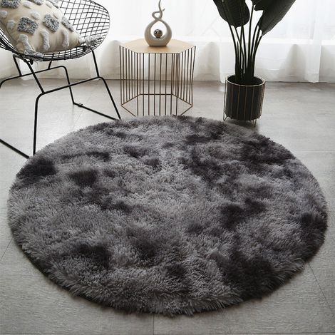 Runder, flauschiger Teppich für Wohnzimmer, Schlafzimmer oder Couchtisch ultraweicher, flauschiger Teppich hellgraues Batikmuster 120 x 120 cm.