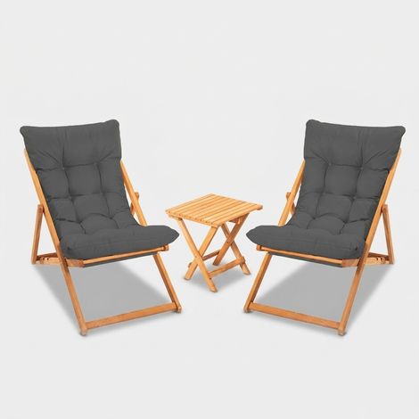 Nerda Klapptisch und 2 Klappstühle aus Holz für Garten und Terrasse - Grau