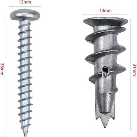 Combinaison de jeu de vis d'expansion en alliage de zinc, 100 Pièces Lot de 50 vis et 50 chevilles - Autoforantes en métal - Pour plaques de plâtre et de staff (1/3)