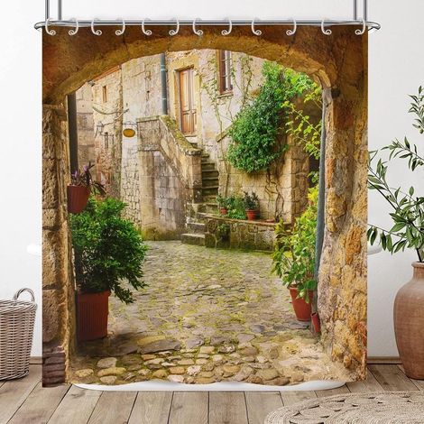 Cortina de ducha 3D de 180x200, con diseño de paisaje de jardín y plantas, ideal para exteriores. Cortina de ducha impermeable de poliéster lavable con ganchos. (1/5)