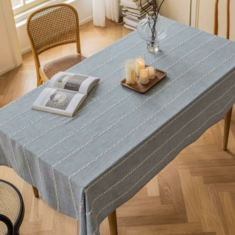 Nappe en lin et coton bleu pour table rectangulaire, nappe bohème douce et lavable pour la cuisine (bleu clair, 135 x 178 cm) (1/5)