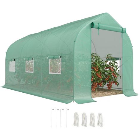 Serre de jardin tunnel 4x2x2 m avec 6 fenêtres respirantes et porte enroulable pour légumes (verte)