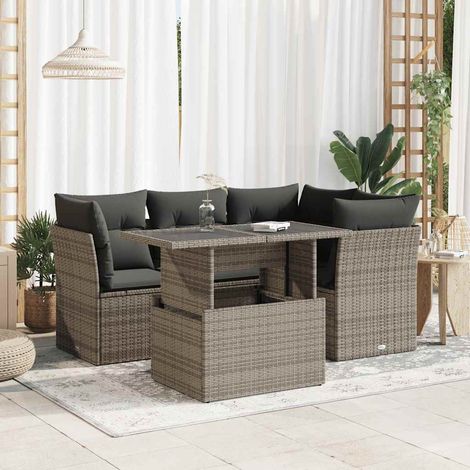 vidaXL 5 Piece Garden Sofa Set with Cushions Grey Poly Rattan