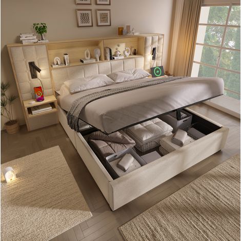 Lit coffre 180x200 cm - Lit double - Avec tête de lit avec LED, USB et Type C - Avec 2 tables de chevet - En lin - Beige (1/5)