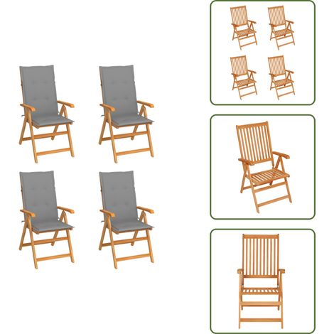 The Living Store Chaises de jardin lot de 4 avec coussins gris Bois teck solide - Chaise de jardin teck (1/5)