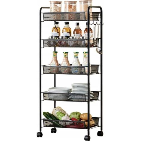 Desserte de cuisine Korbi, Rg26, 26 x 45 x 106 cm, métal peint, 5 étagères, résistant à la décoloration, roulettes pivotantes à 360°, matériaux de haute qualité, noir (1/5)