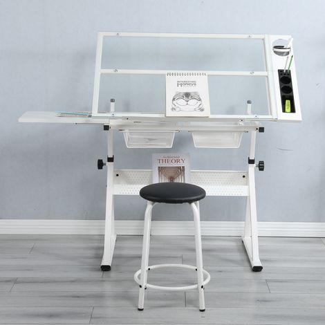 Mesa de dibujo inclinable 31,5-49,5" con tablero de cristal, almacenaje y borde extensible, blanco acero (1/5)