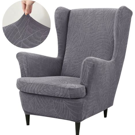 HOUSSE DE FAUTEUIL À AILES EN VELOURS GRIS MOTIF JACQUARD ÉLASTIQUE [30-Z3-SZ] (1/5)
