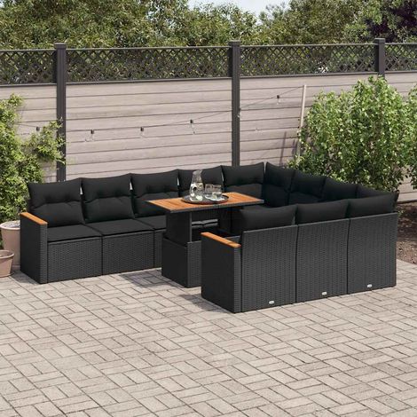 Set sofás jardín y cojines 11 pzas ratán sintético acacia negro vidaXL (1/5)