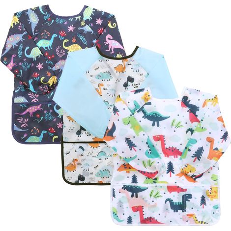 Lot de 3 tabliers de peinture pour enfants - Imperméables - Avec manches et 2 poches - Pour peinture, cuisine, bricolage, repas - Pour les enfants de 2 à 8 ans, bleu marine, blanc, bleu (1/5)