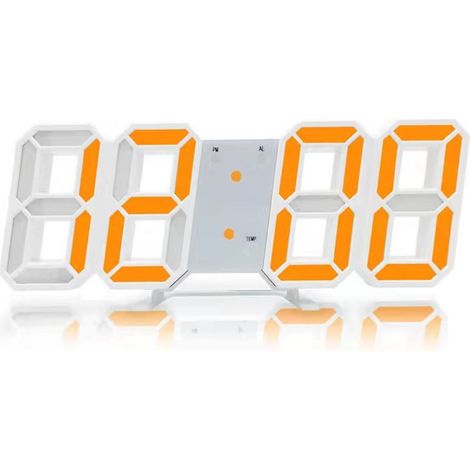 Réveil numérique 3D minimaliste mural avec affichage LED de l'heure, style minimaliste, pour bureau, blanc, police orange