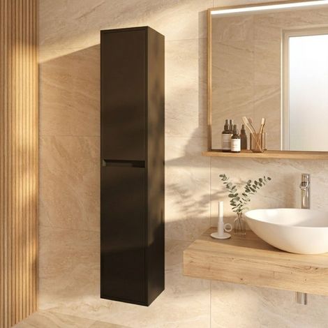 Colonna Bagno Sospesa 140 cm con 2 Ante e Chiusura Ammortizzata Nero Satinato – Linea