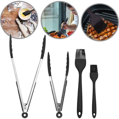 4-teiliges Set aus schwarzem Silikon, bestehend aus einer Speisezange, einem Ölpinsel zum Kochen, einem Grillpinsel und Küchenutensilien aus Silikon. (1/5)