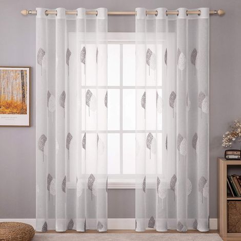 Rideaux Voilage avec Beau Motif de Feuilles Gris et Blanc, Intérieurs Rideau Voile Brodé a Oeillets Largeur 150 CM Hauteur 270 Transparent Voilage Fenetre Design Moderne pour Chambre Salon (1/5)